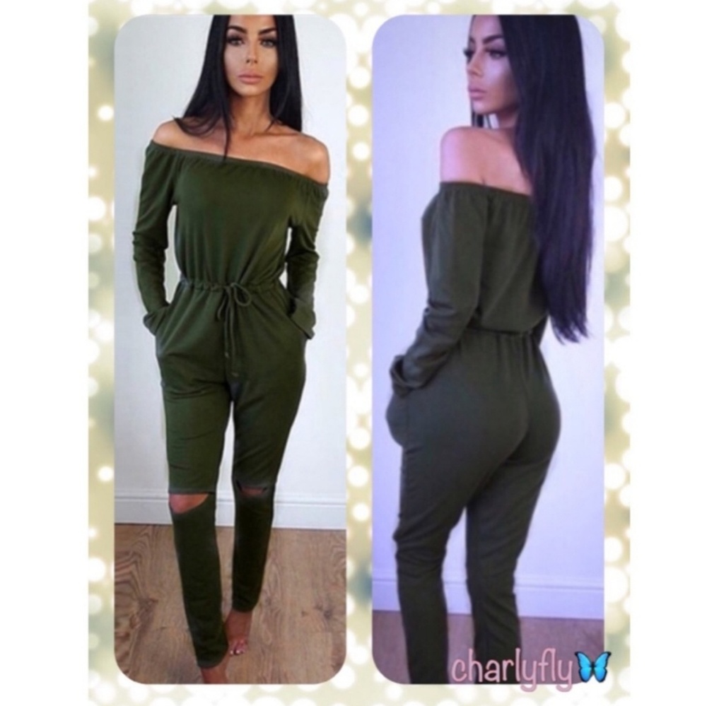 Brand new olive off the shoulders jumpsuit